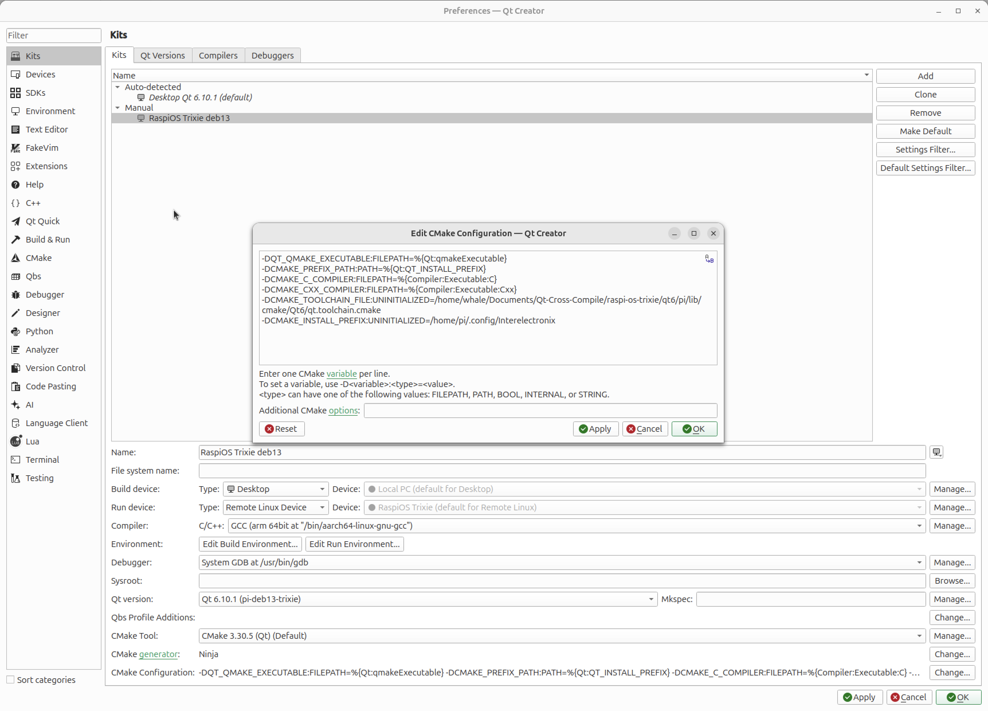 QtCreator preferences kits