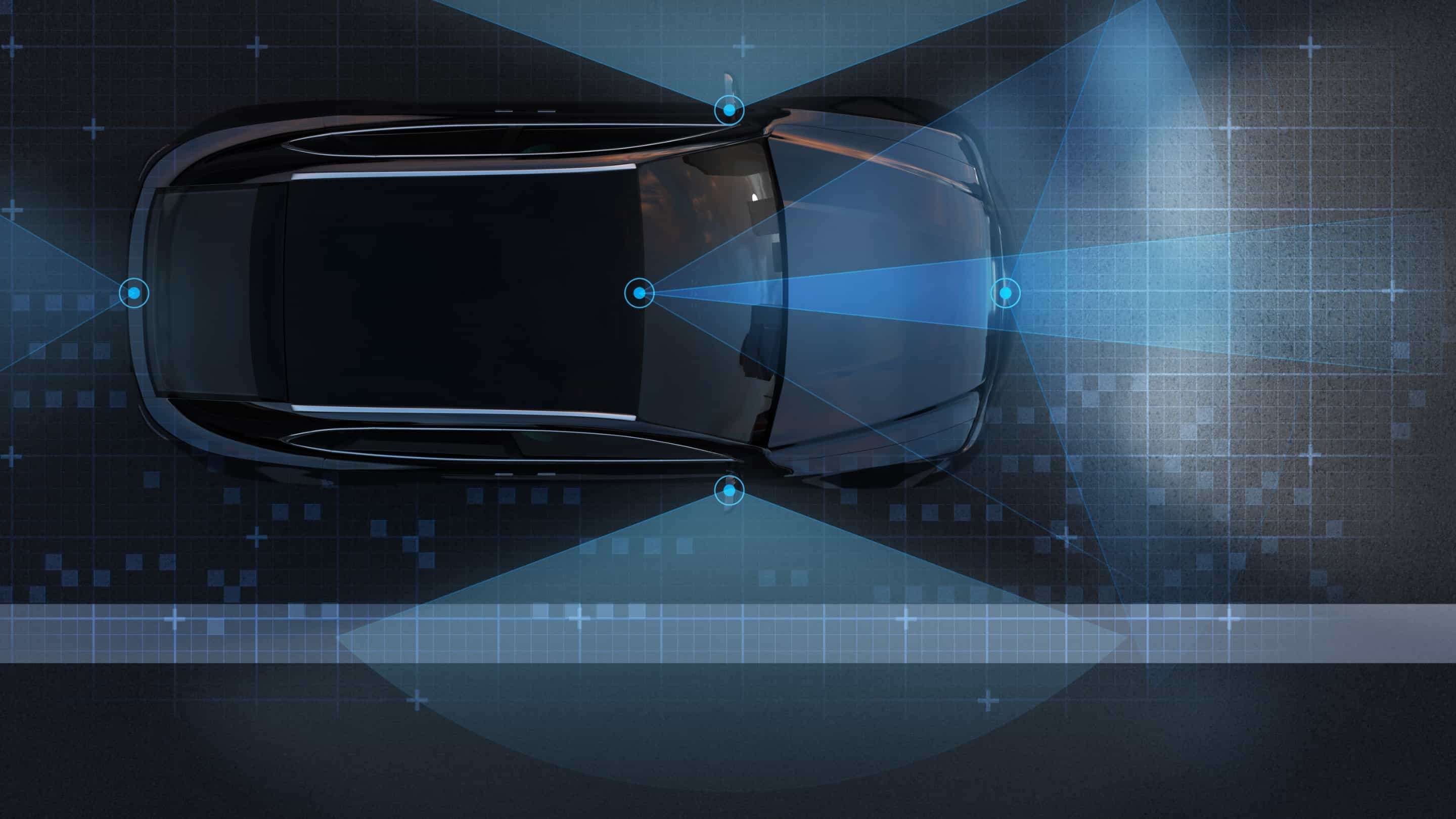Impactinator® Glass - Vetro protettivo sensore Lidar un'auto con linee e punti blu