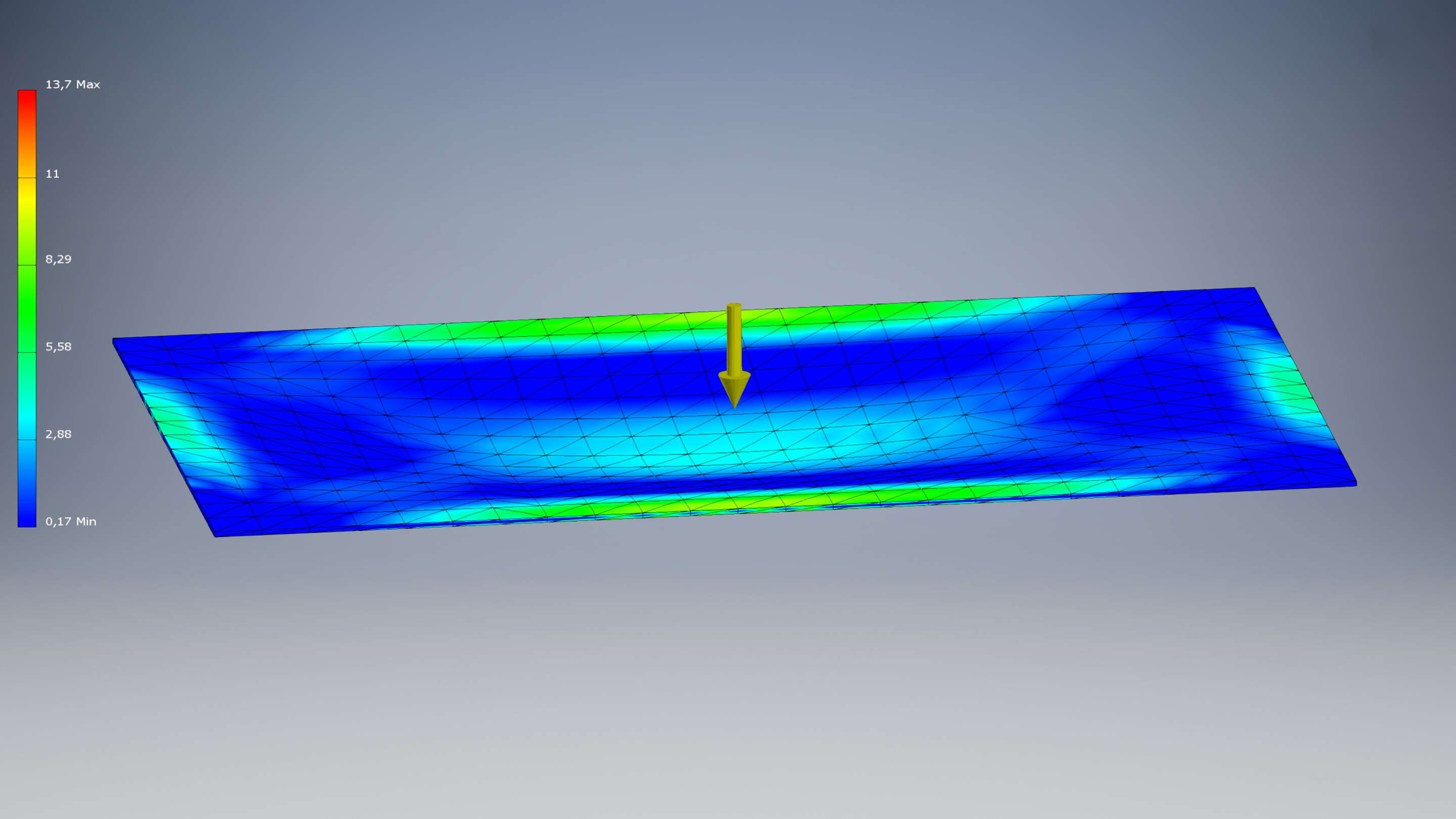 Impactinator® Glas - Glas FEM Analysieren Sie ein blau-grünes rechteckiges Objekt mit einem gelben Pfeil, der darauf zeigt