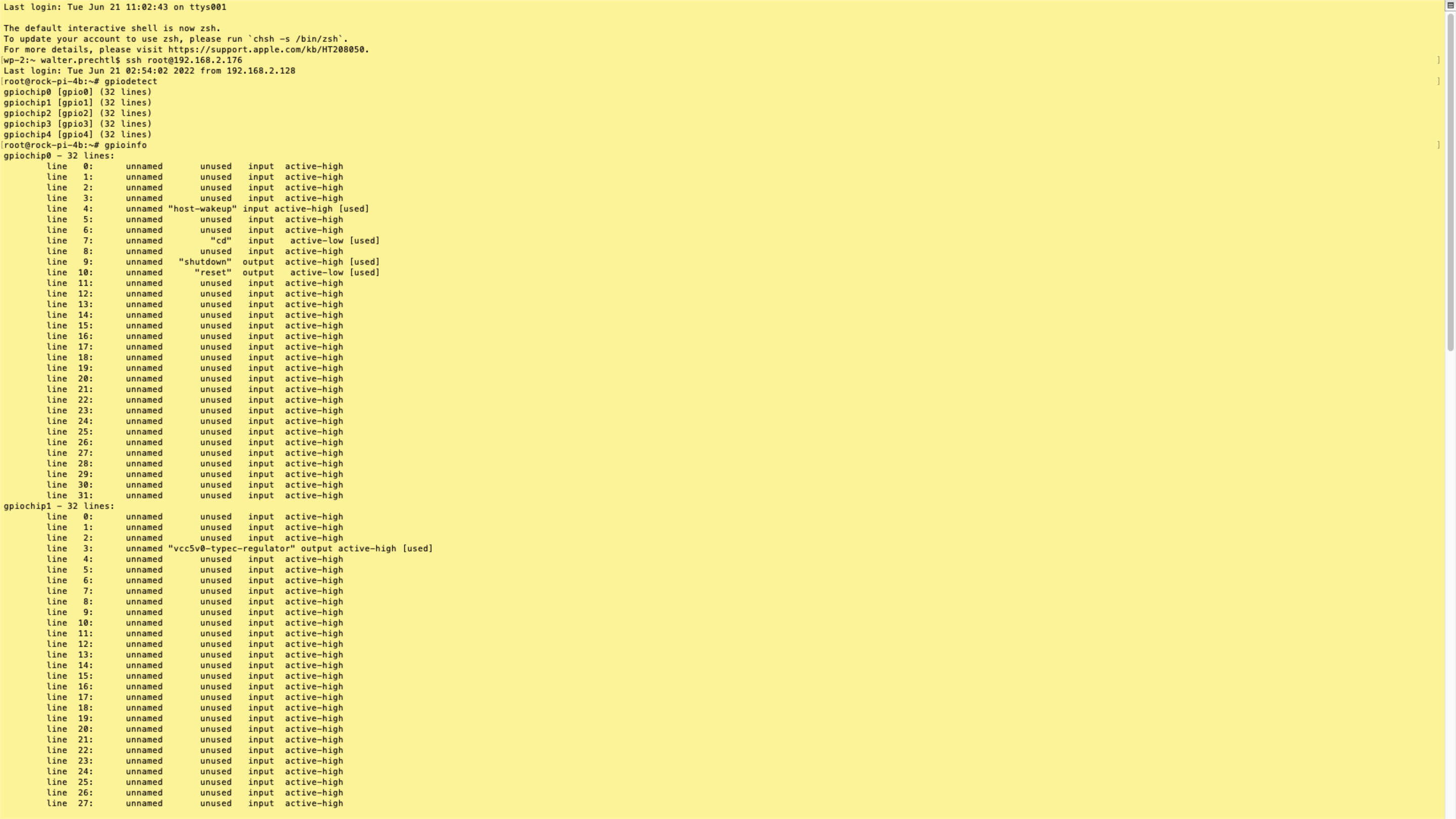 Embedded Software - libgpiod ein gelber Bildschirm mit schwarzem Text