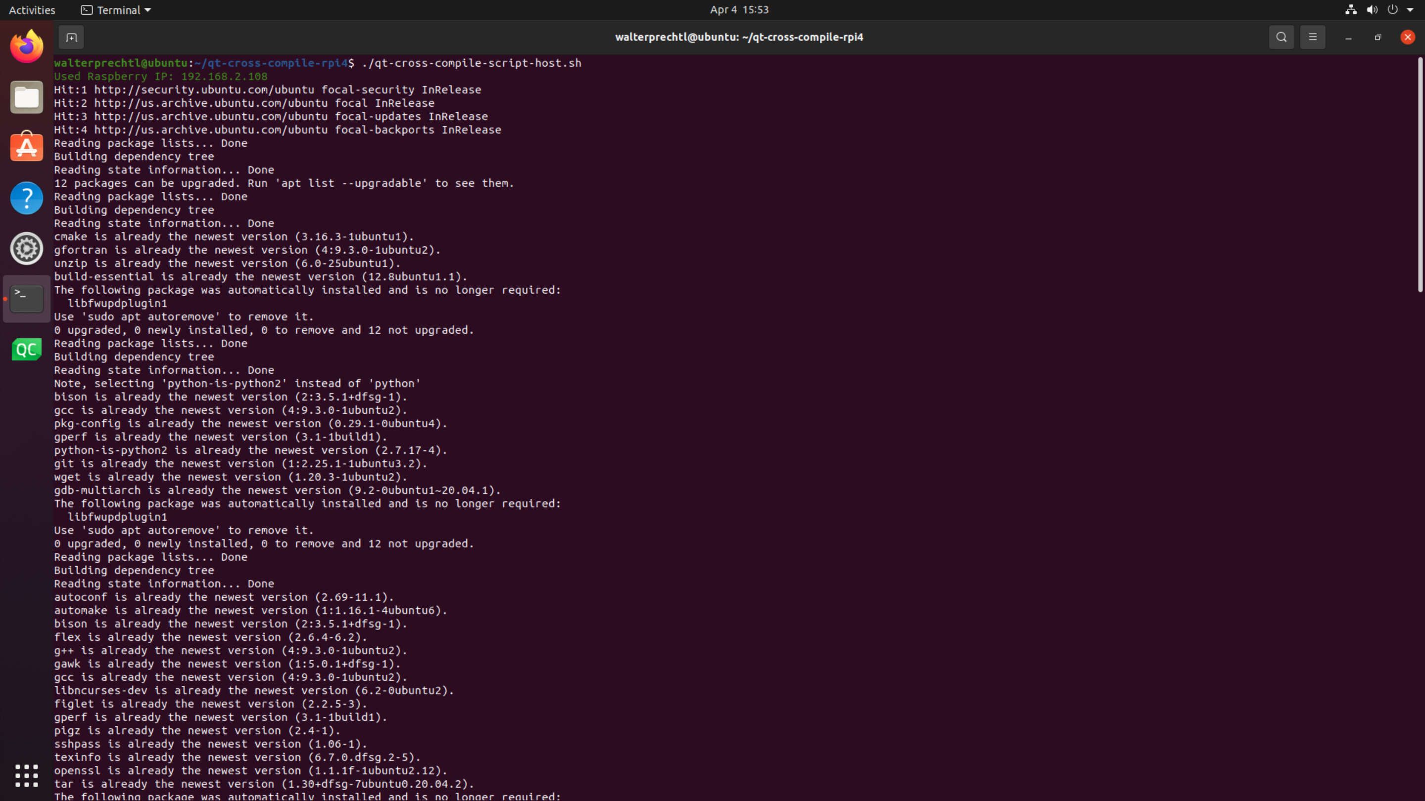 Indlejret software - Qt krydskompilering setup scripts til Raspberry Pi 4 et skærmbillede af et computerprogram