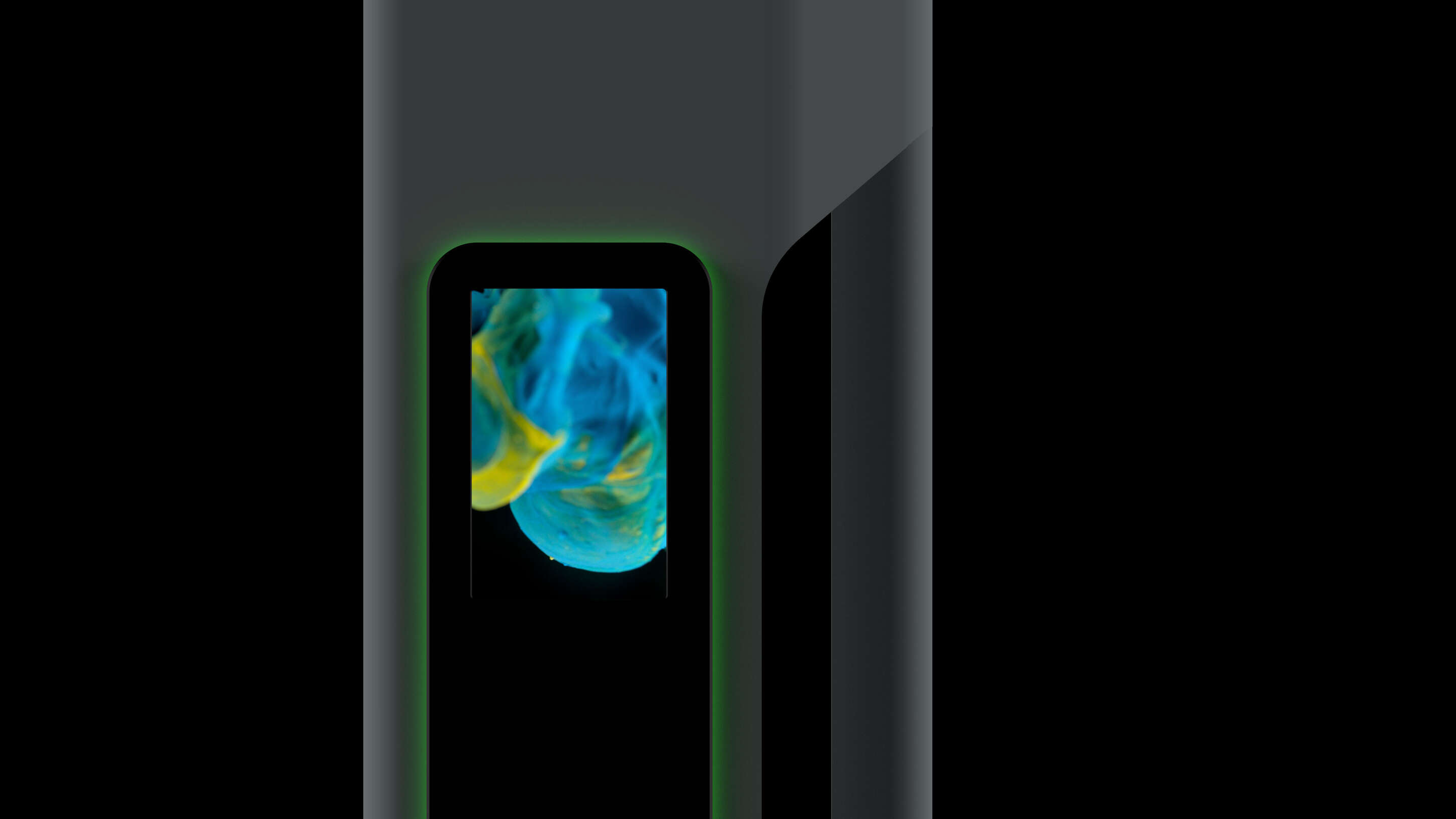 Design - Design Quality um objeto retangular preto com uma imagem azul e amarela