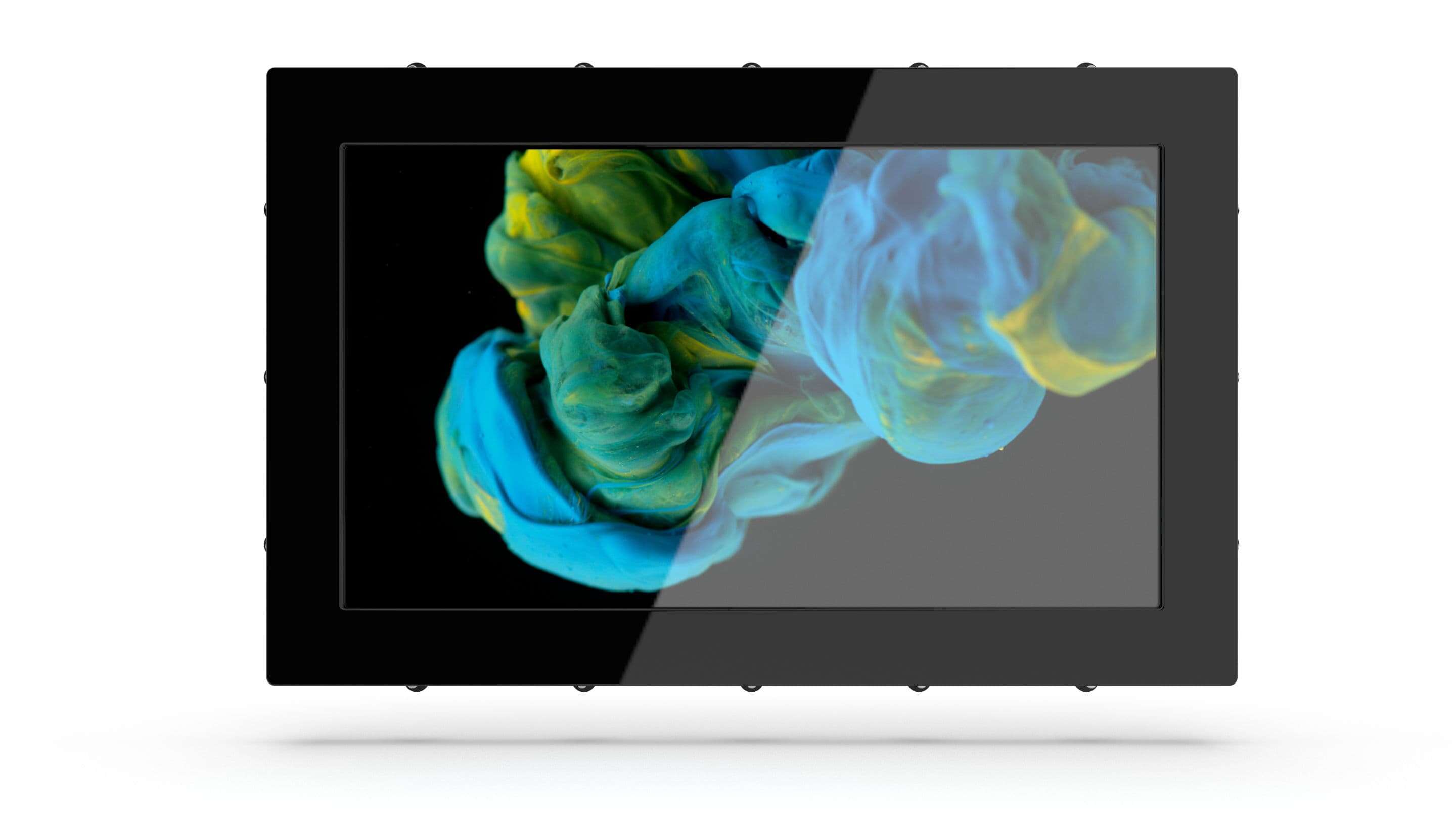 Home - Industrial Monitors a black tablet with a screen showing blue and yellow paint