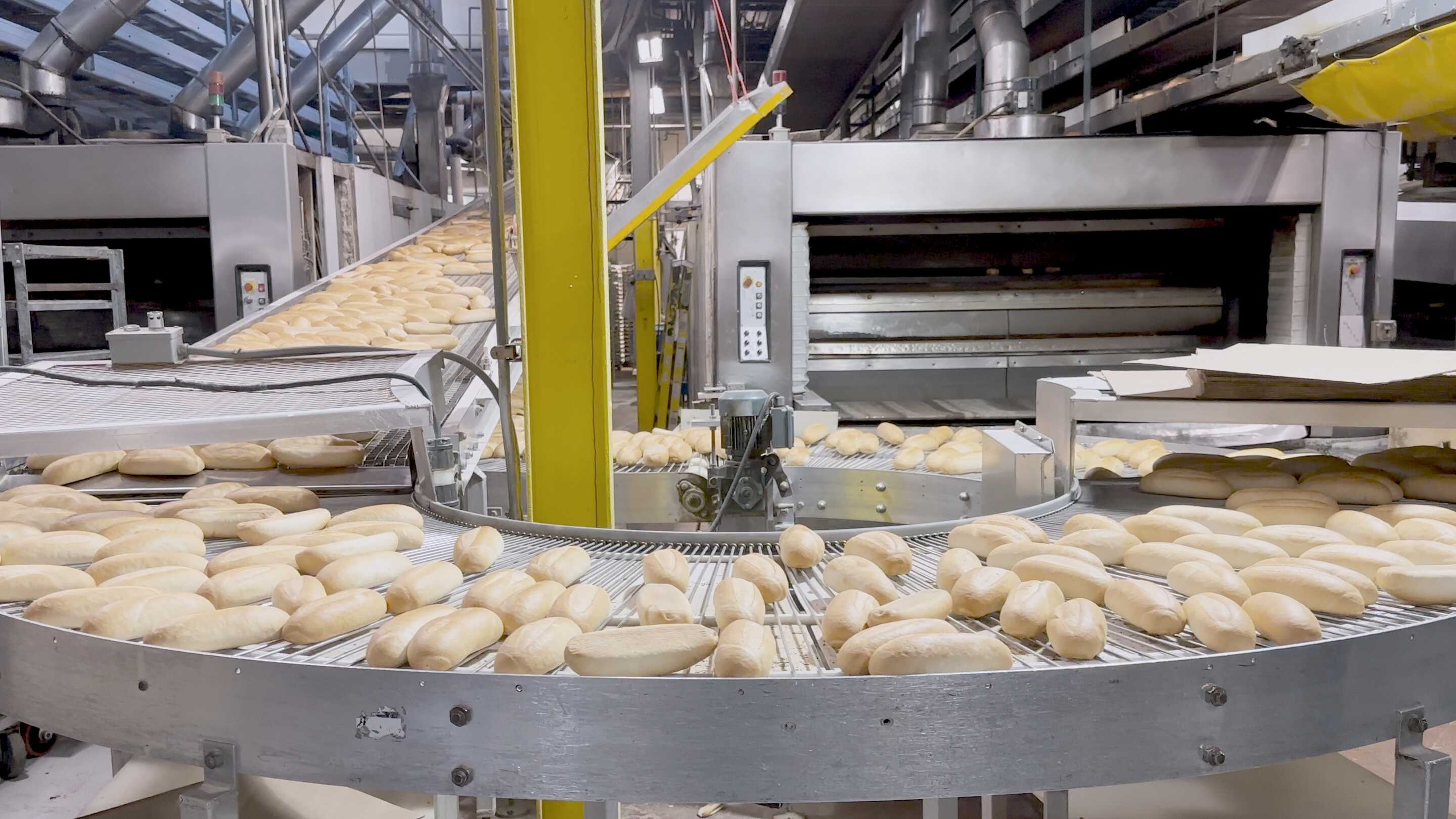 Solusyon sa Touch Screen para sa Pagproseso ng Pagkain ng Mataas na Init isang conveyor belt na may tinapay dito