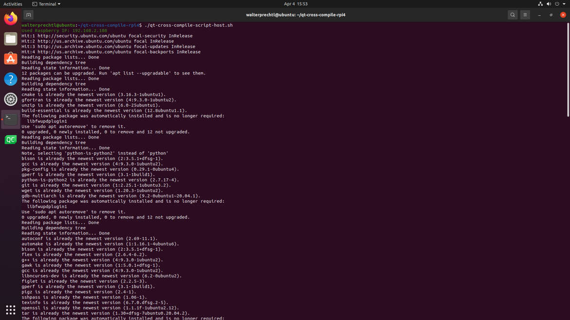 Software embarcado - Qt cross compilar scripts de instalação para Raspberry Pi 4 uma captura de tela de um programa de computador